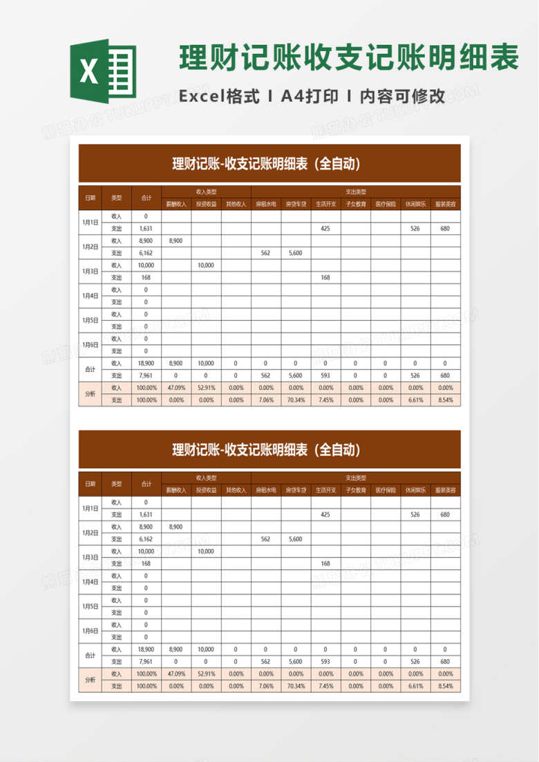 理财记账收支记账明细表excel模板