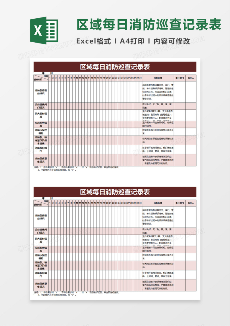区域每日消防巡查记录表excel模板