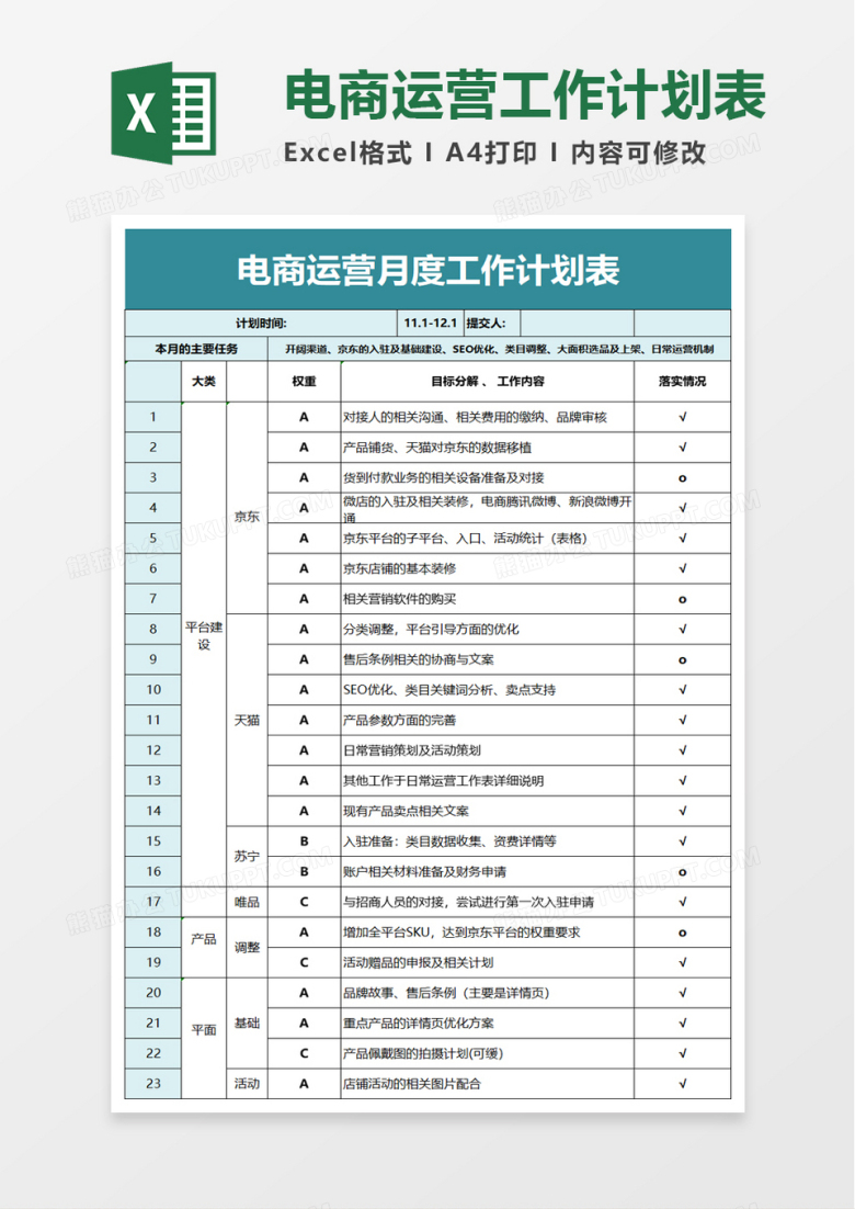 简洁电商运营月度工作计划表excel模板