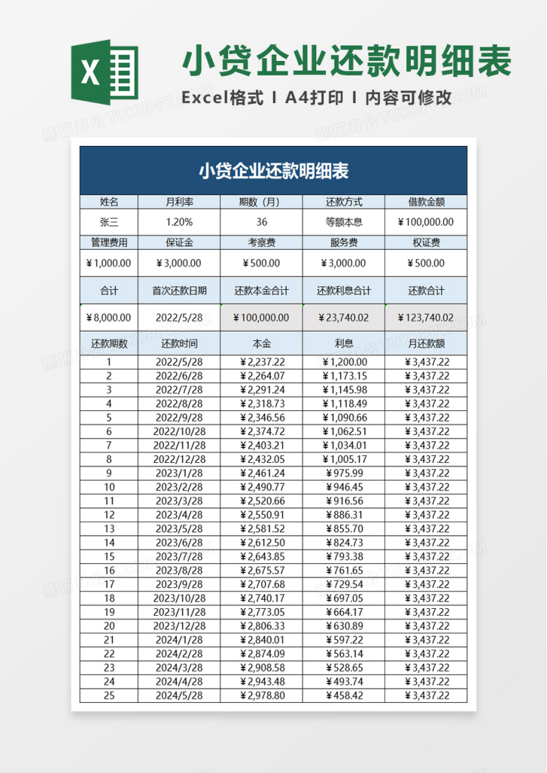 小贷企业还款明细表excel模板
