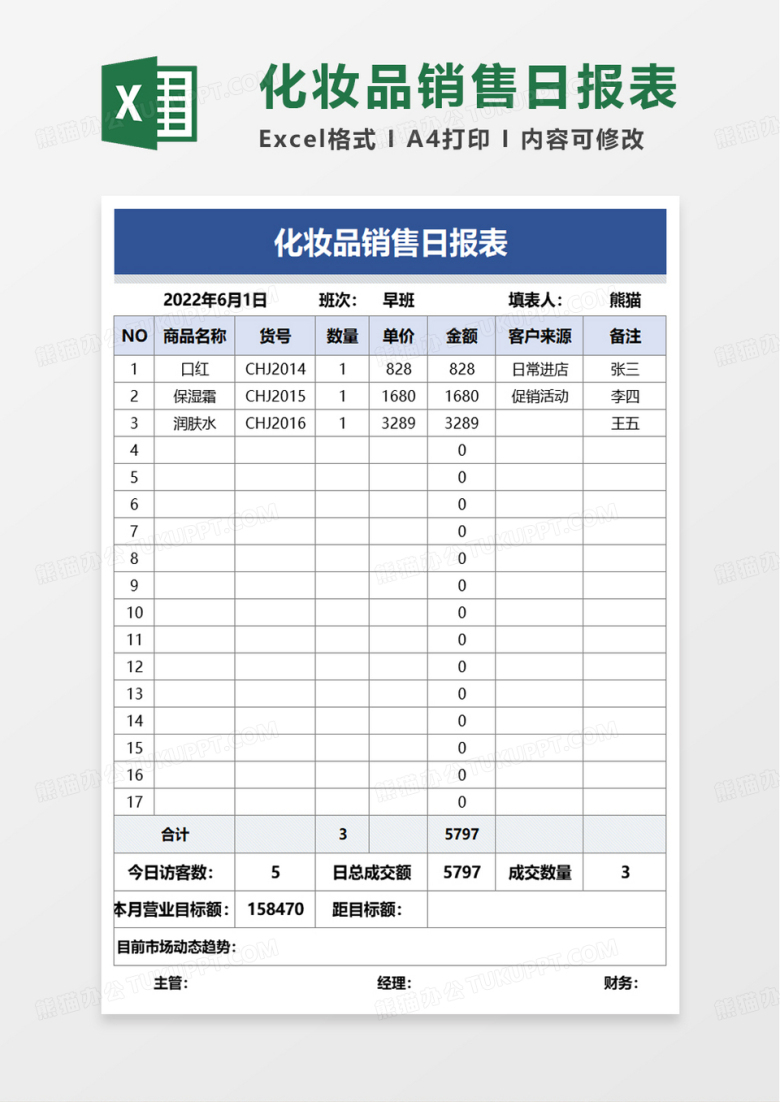 化妆品销售日报表excel模板