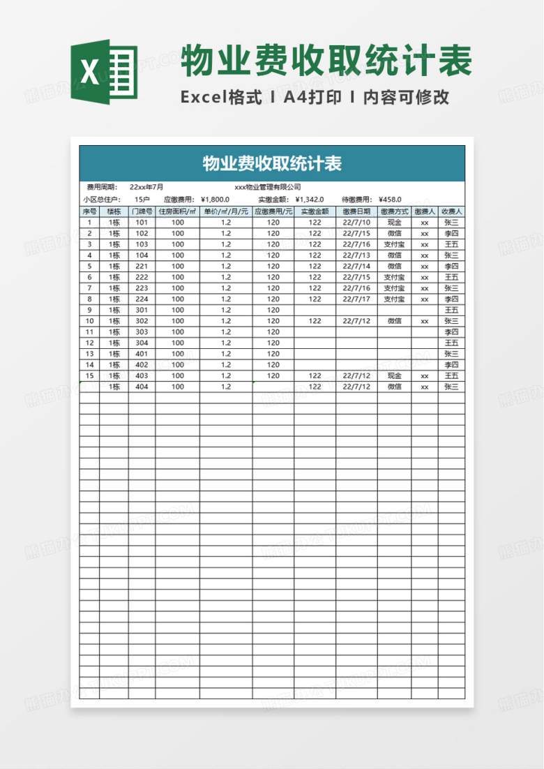 物业费收取统计表excel模板