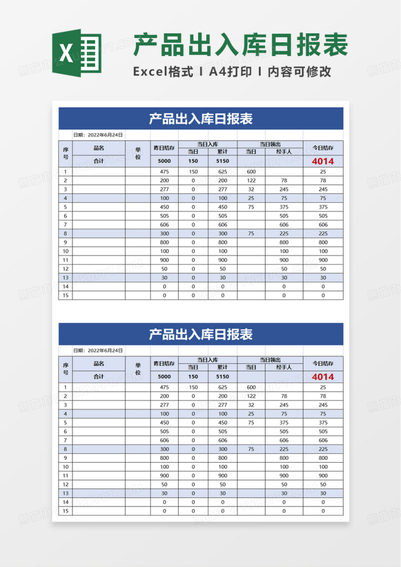 产品出入库日报表excel模板