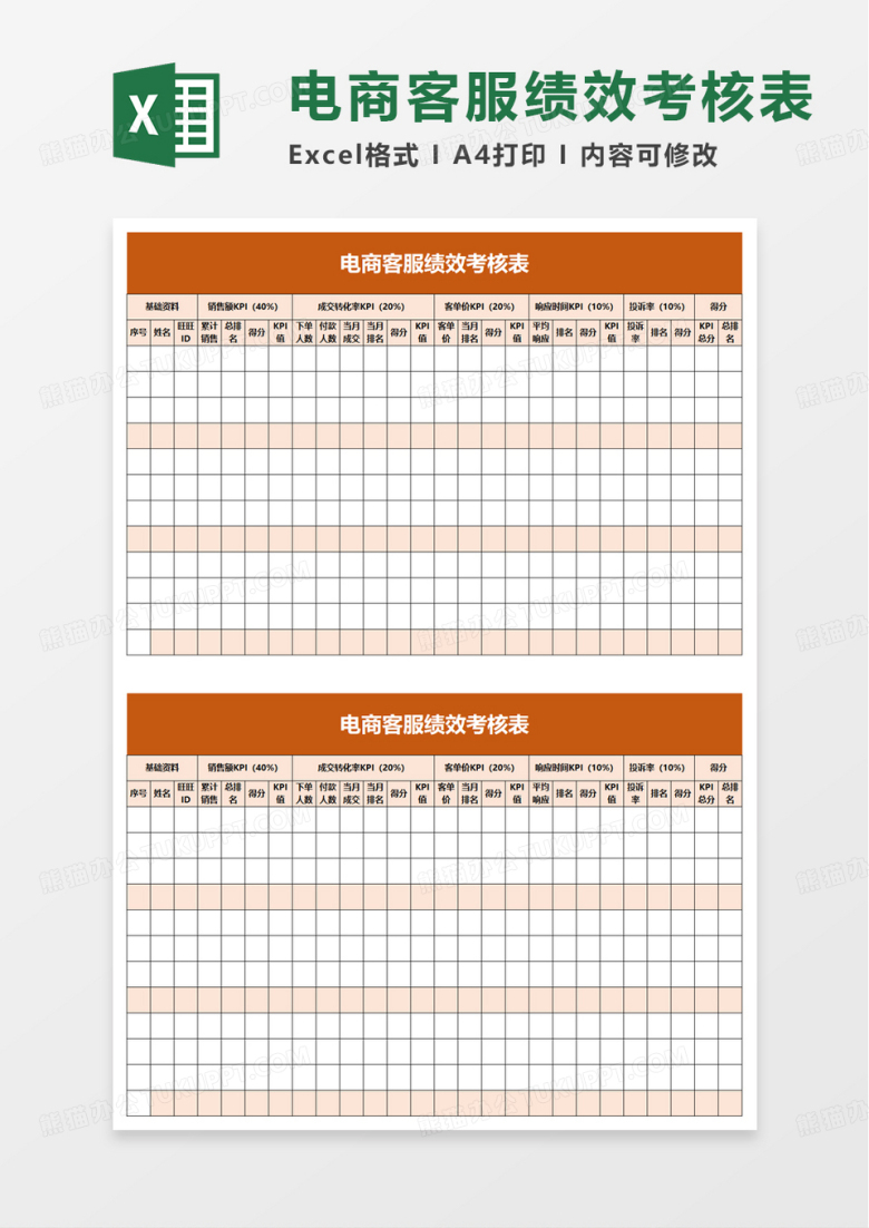 通用电商客服绩效考核表excel模板