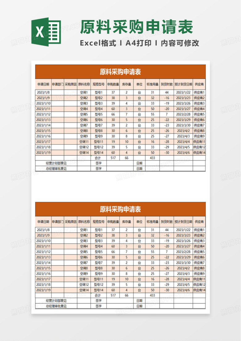 通用原料采购申请表excel模板