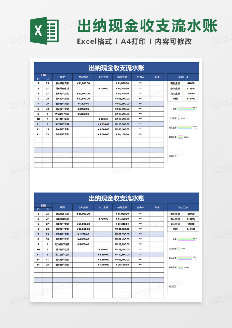 出纳现金收支流水账excel模板