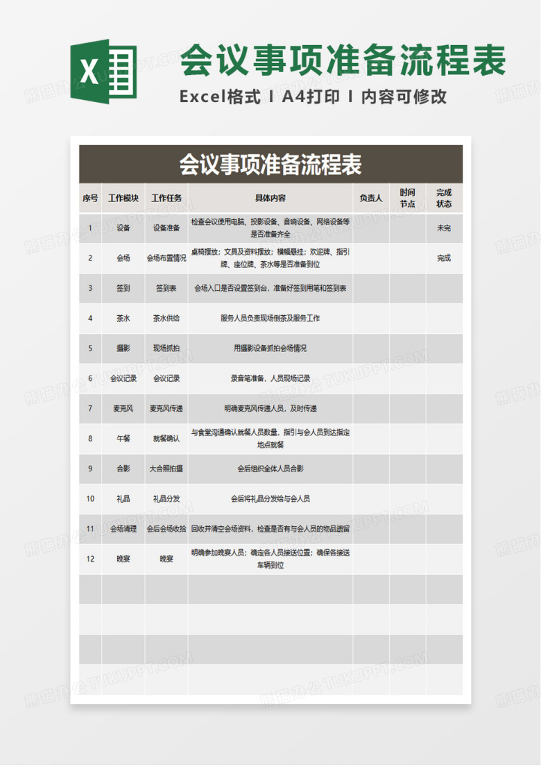 公司会议事项准备流程表excel模板