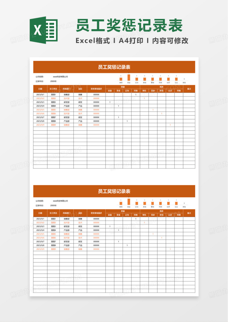 简约员工奖惩记录表excel模板