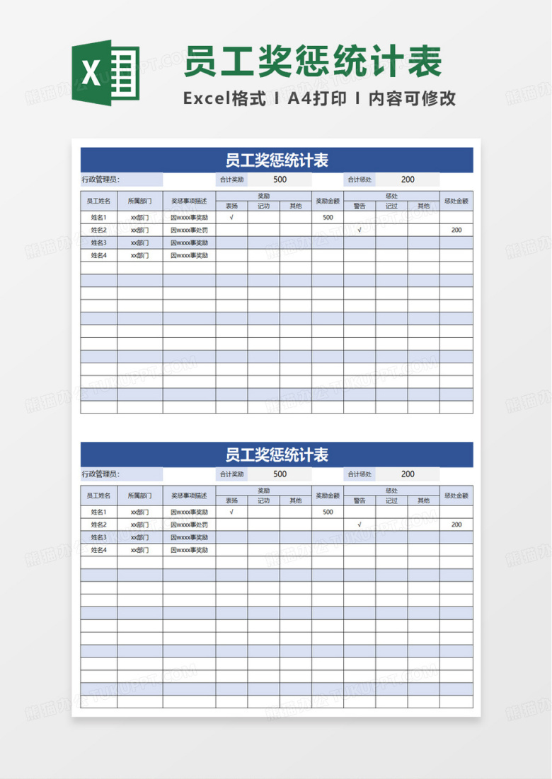 员工奖惩统计表excel模板