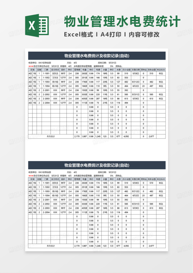物业管理水电费统计excel模板