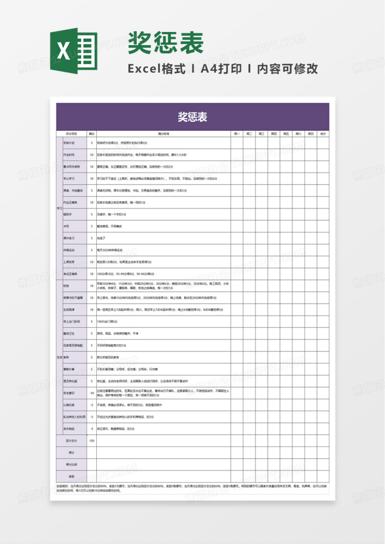 奖惩表excel模板