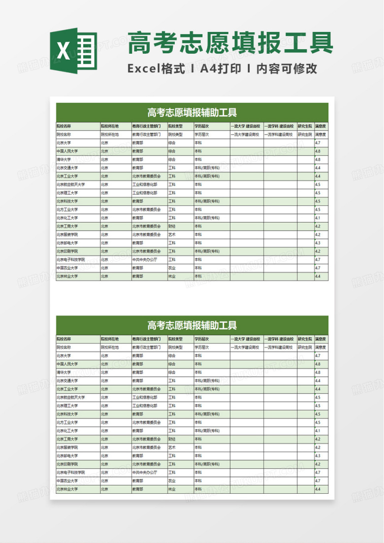 实用通用高考志愿填报辅助工具excel模板