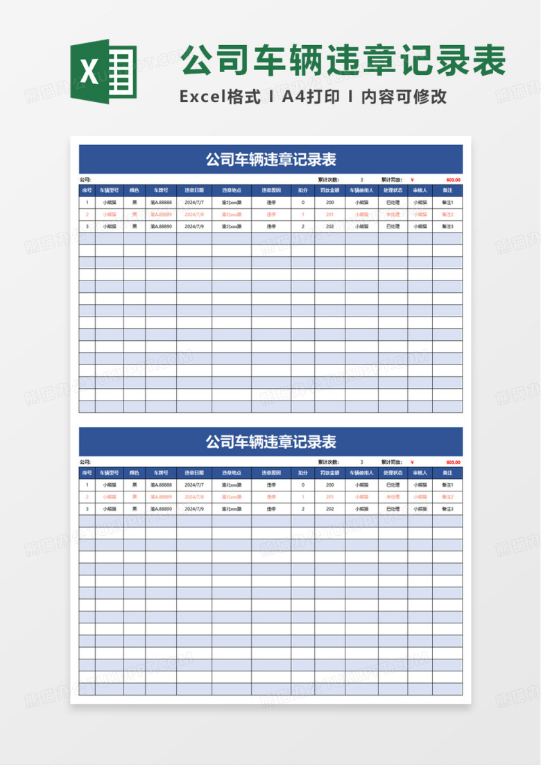公司车辆违章记录表excel模板