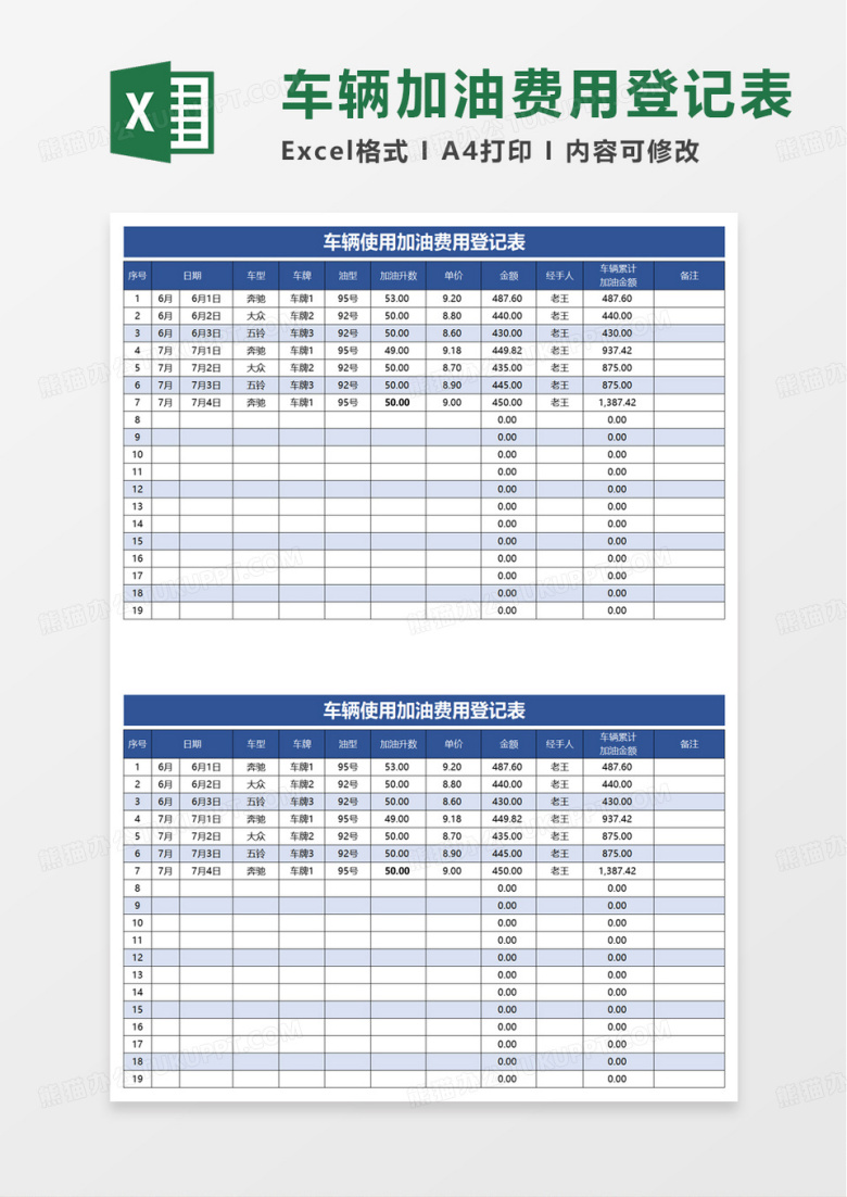 车辆使用加油费用登记表excel模版