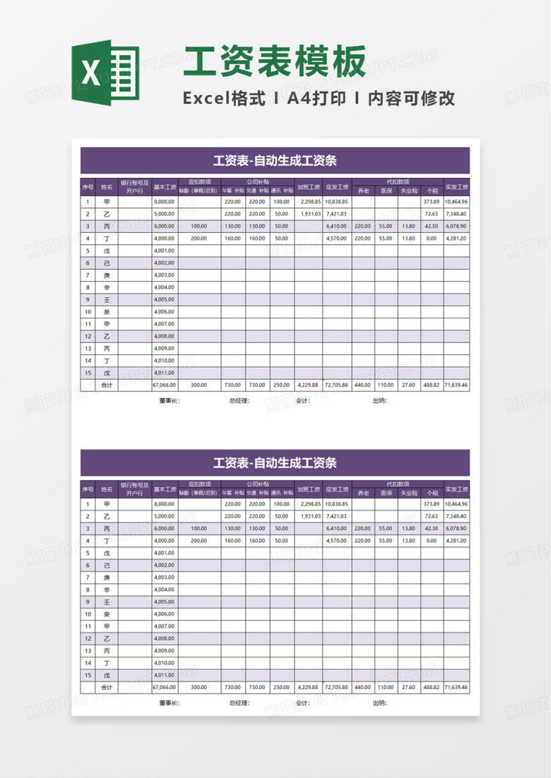 工资表-自动生成工资条excel模板