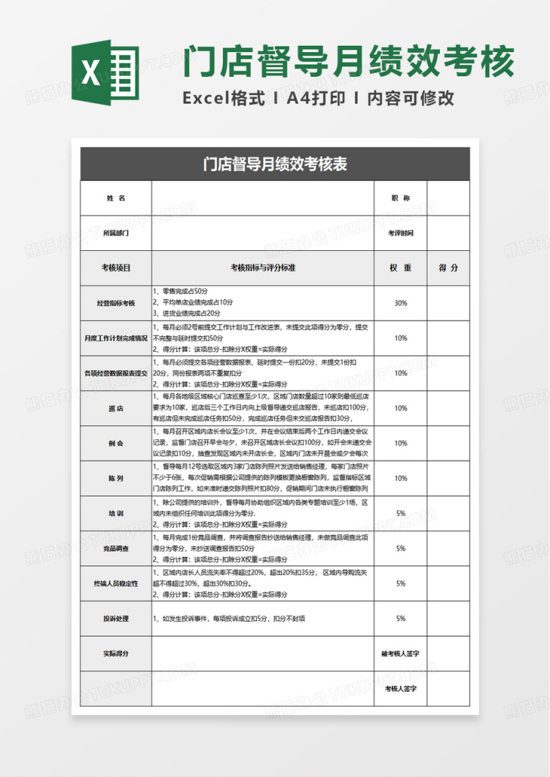 门店督导月绩效考核表excel模版