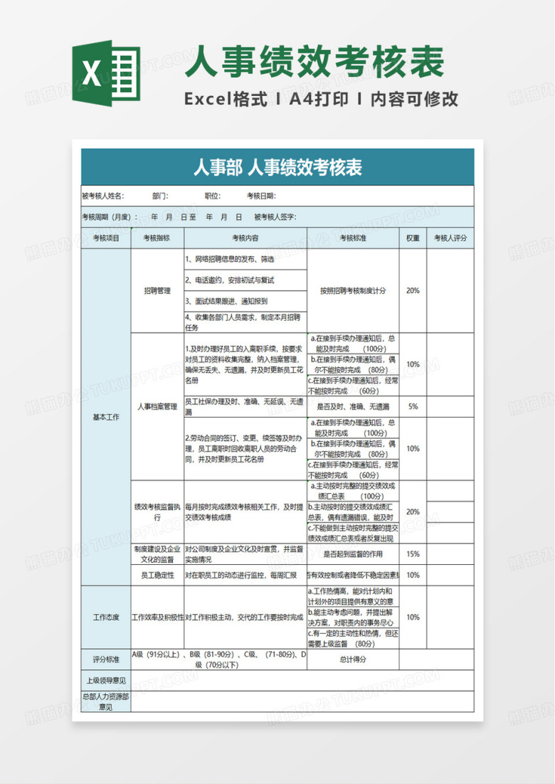人事绩效考核表excel模版