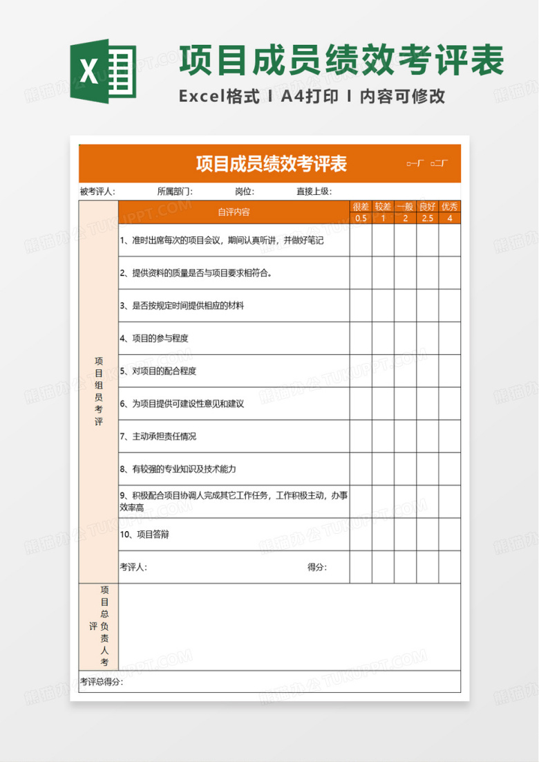 项目成员绩效考评表excel模板