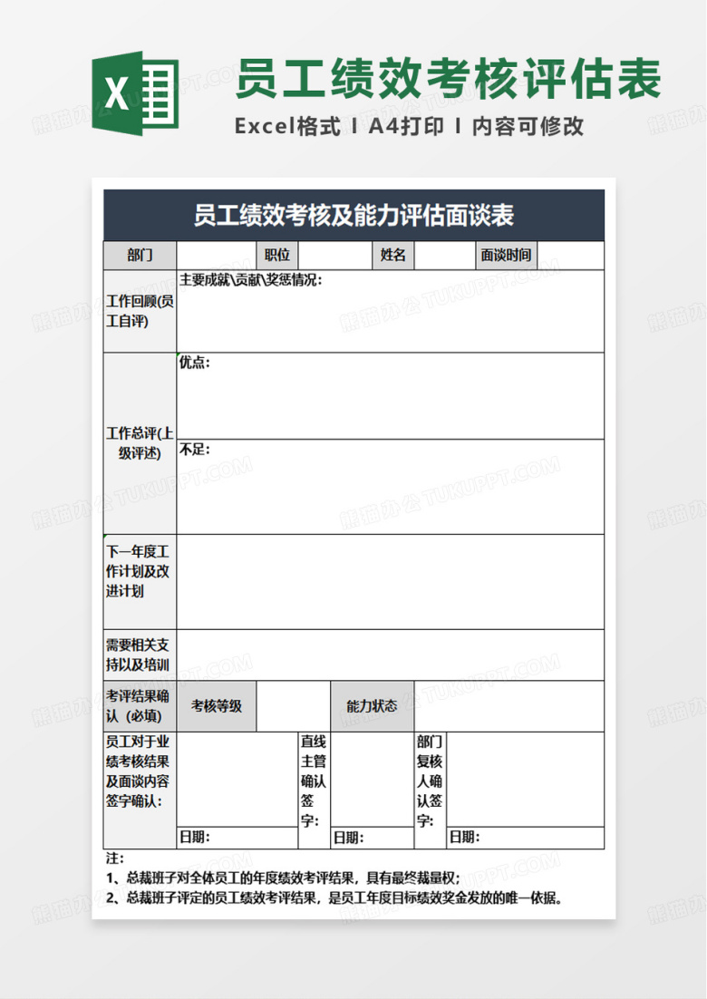 员工绩效考核及能力评估面谈表excel模板
