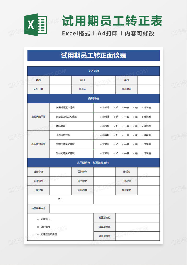 试用期员工转正面谈表excel模板