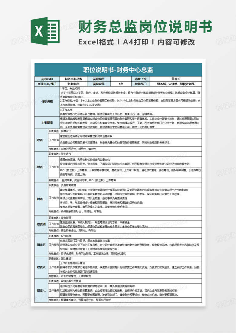 公司财务总监岗位职责说明书excel模板