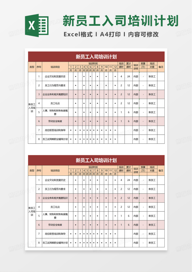 新员工入司培训计划excel模版