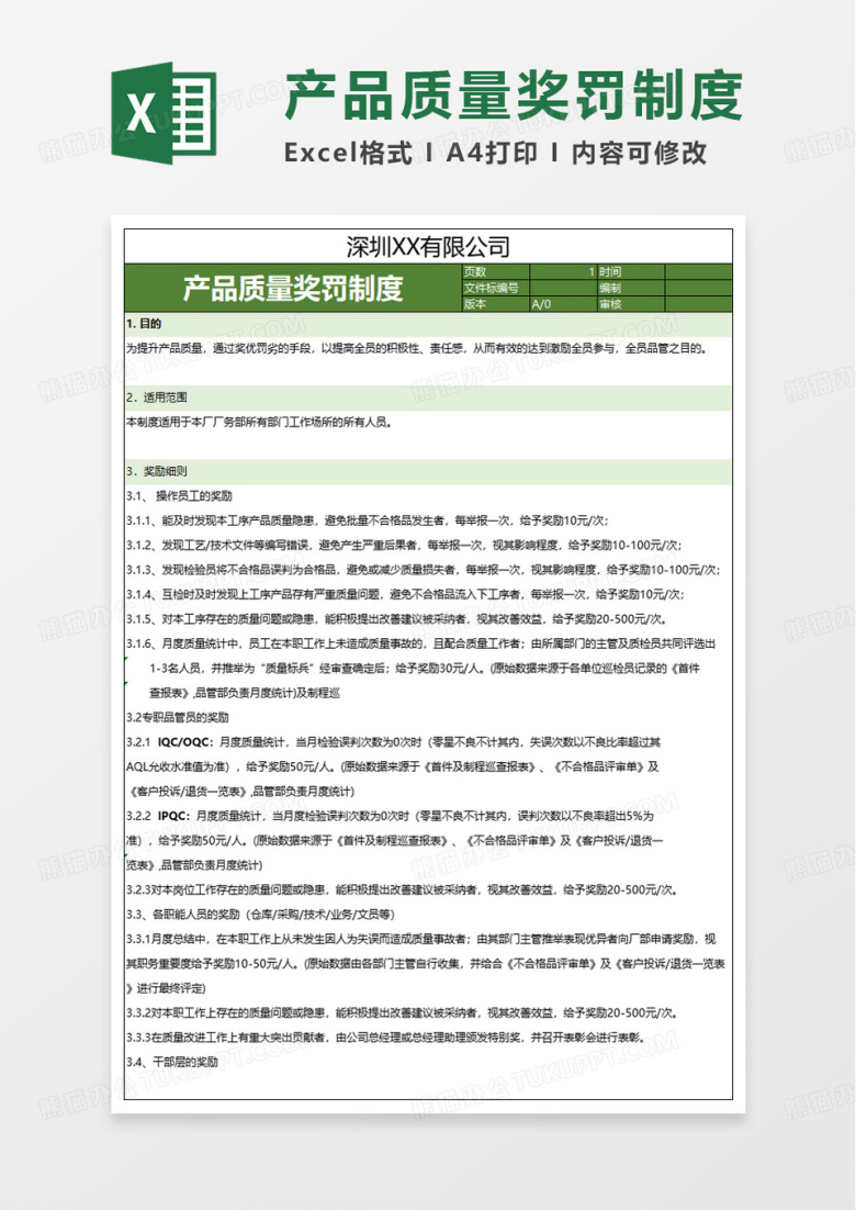 品质奖罚制度excel模板