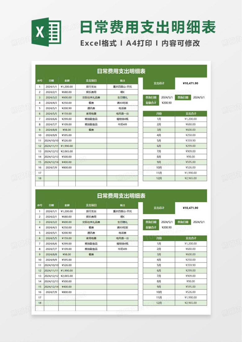 通用日常费用支出明细表excel模板