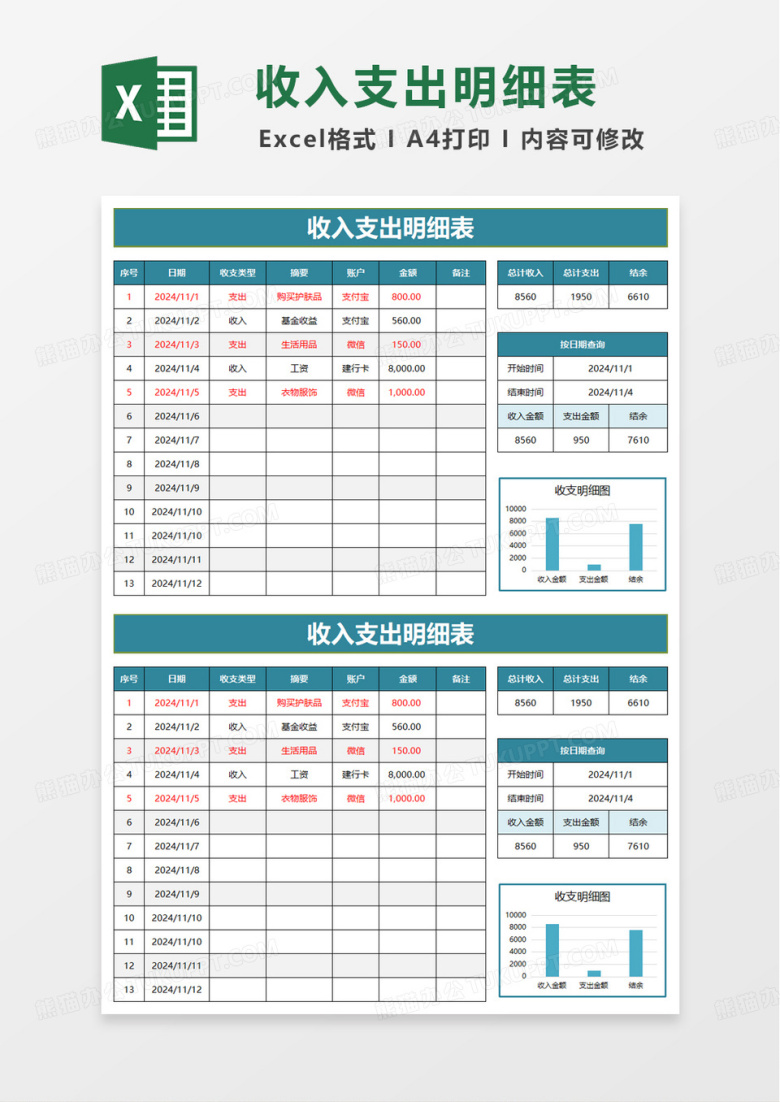 简洁实用收入支出明细表excel模板