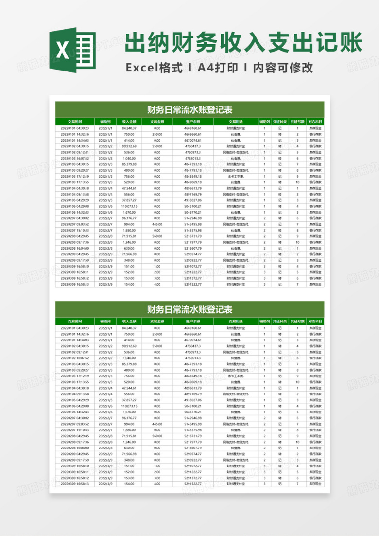 简洁日常流水账自动生成出纳日记账excel模板