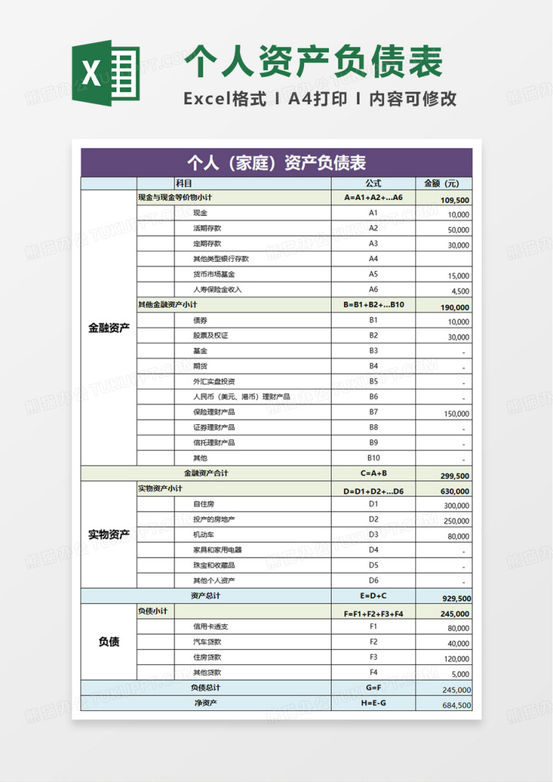 简单个人家庭资产负债表excel模板