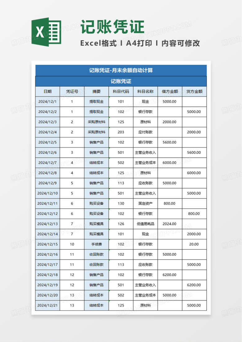 记账凭证月末余额excel模板