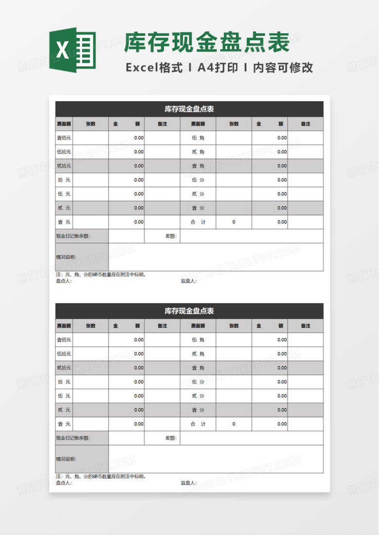 简洁库存现金盘点表excel模板
