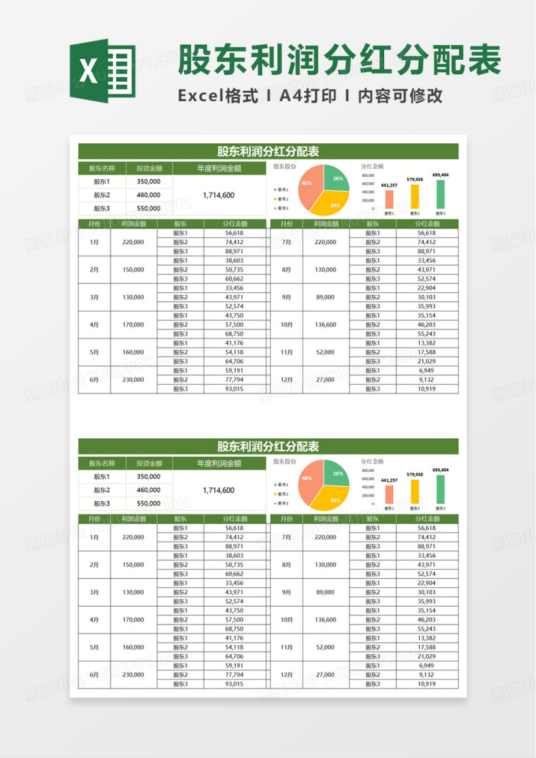 简洁通用商务股东利润分红分配表excel模板