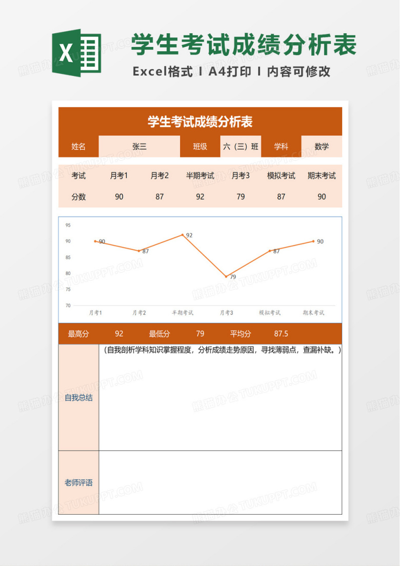 简约通用学生成绩分析表excel模板