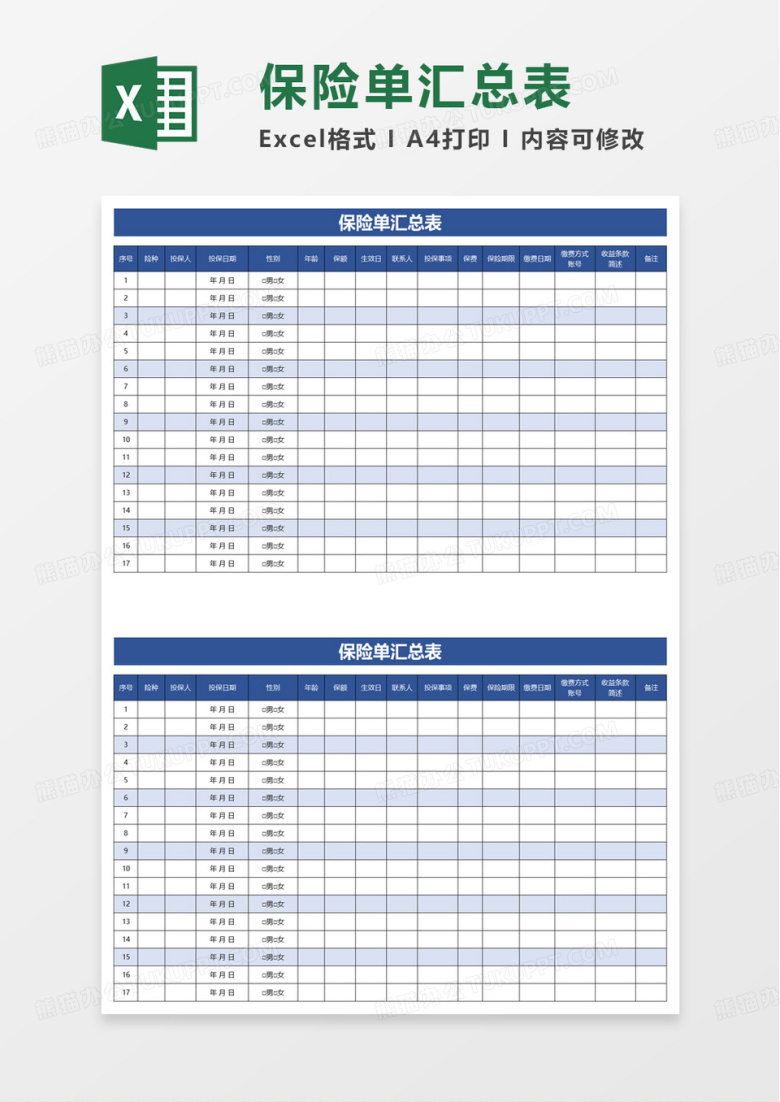保险单汇总表excel模板