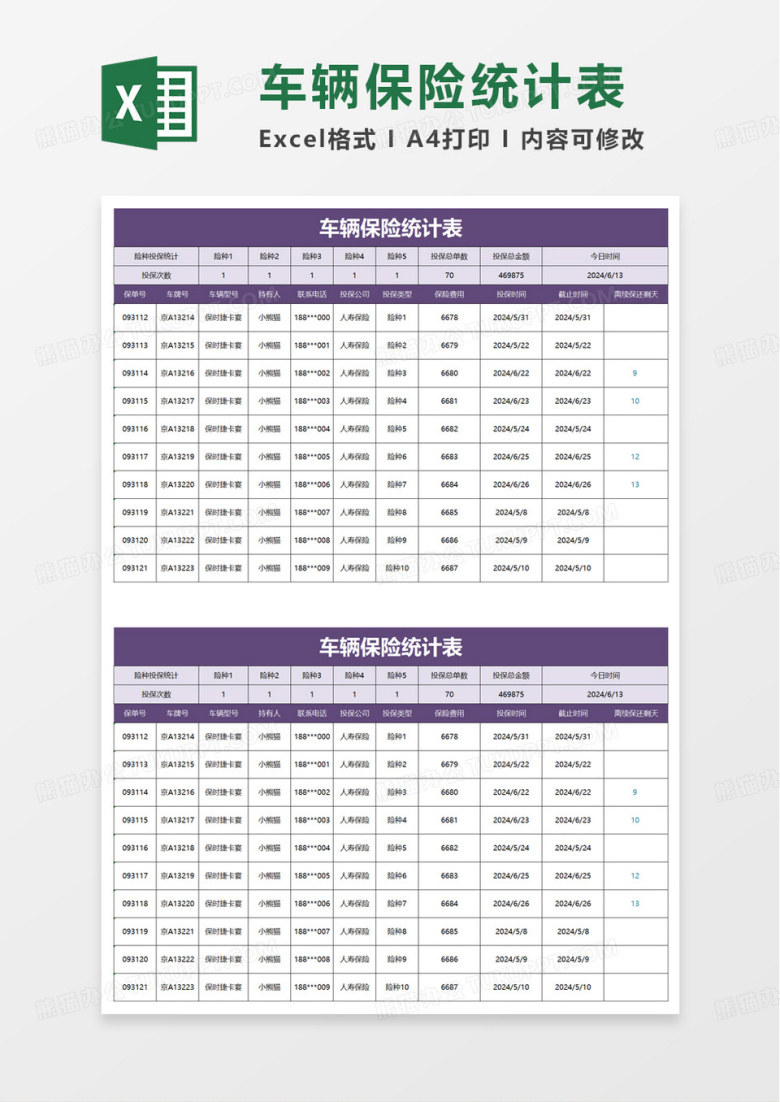 简洁通用车辆保险统计表excel模板