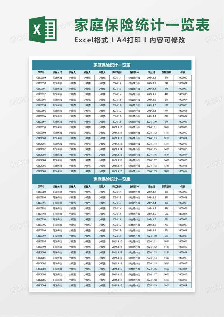 家庭保险统计一览表excel模板