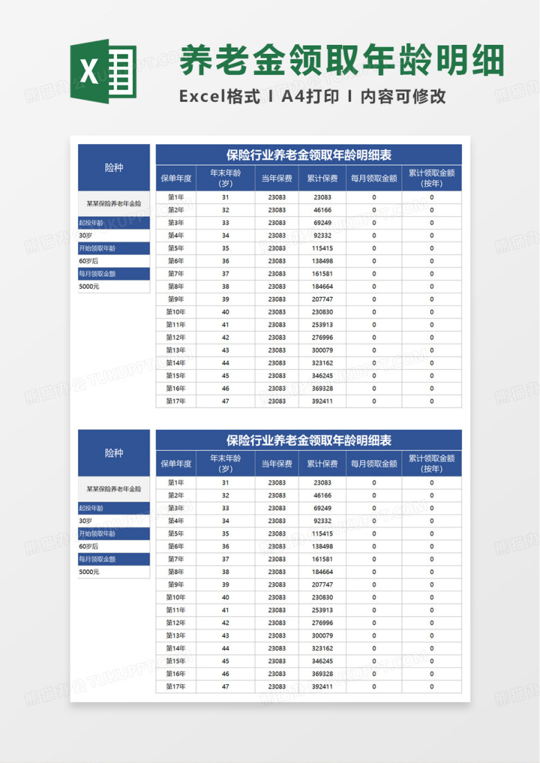 保险行业养老金领取年龄明细表excel模板