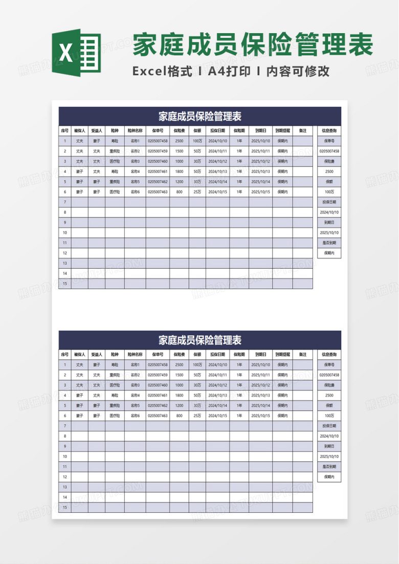 家庭成员保险管理表excel模板