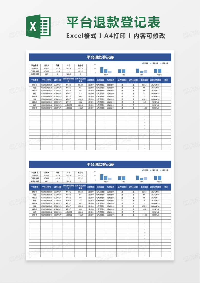 平台退款登记表excel模板