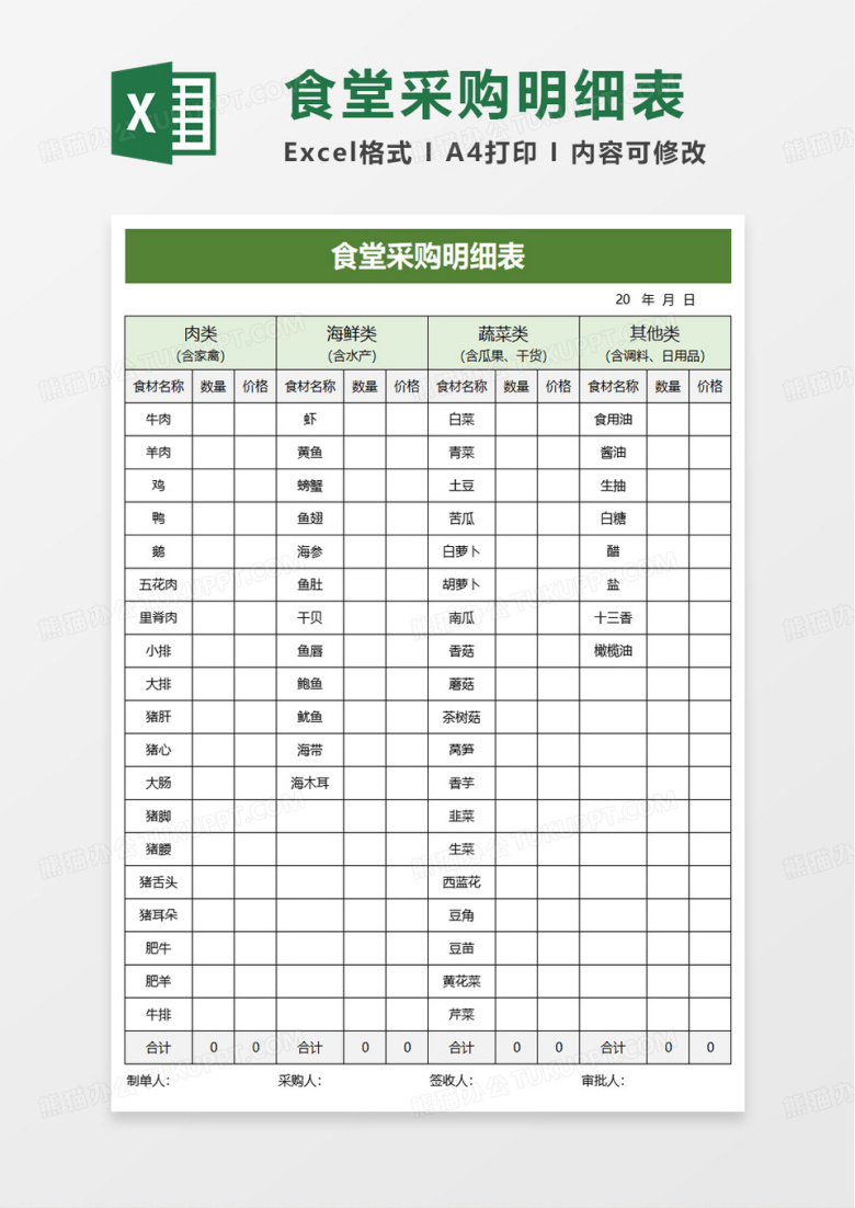 食堂采购明细表excel模板