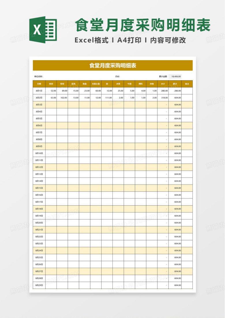 食堂月度采购明细表excel模板