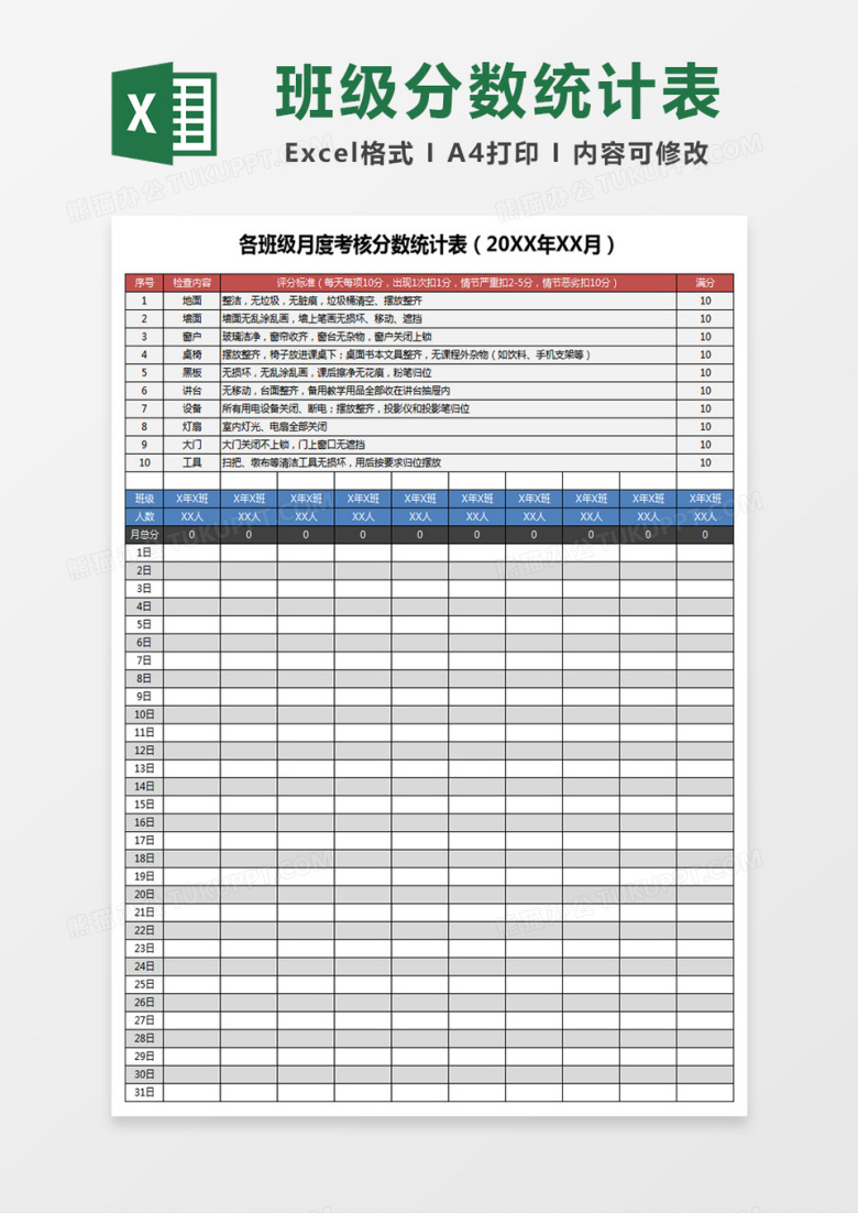 各班级月度考核分数统计表excel模板