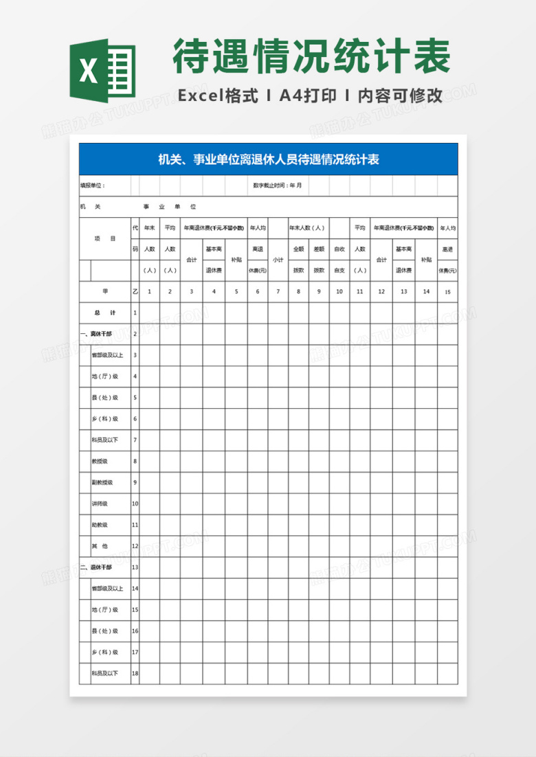 机关事业单位离退休人员待遇情况统计表Excel模板