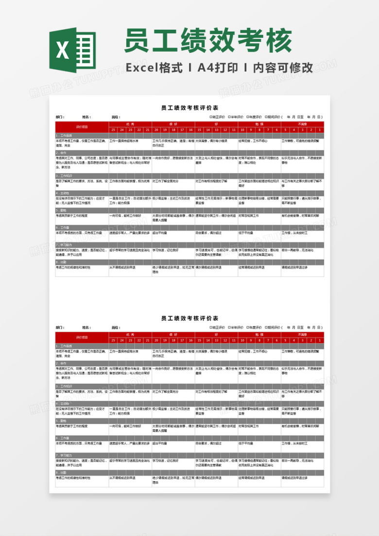 通用版员工绩效考核评价Excel表格