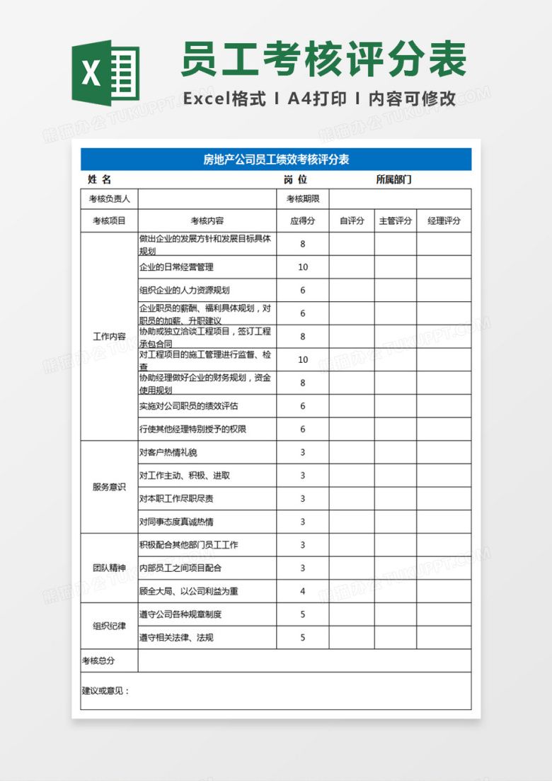 员工绩效考核评分Excel表格