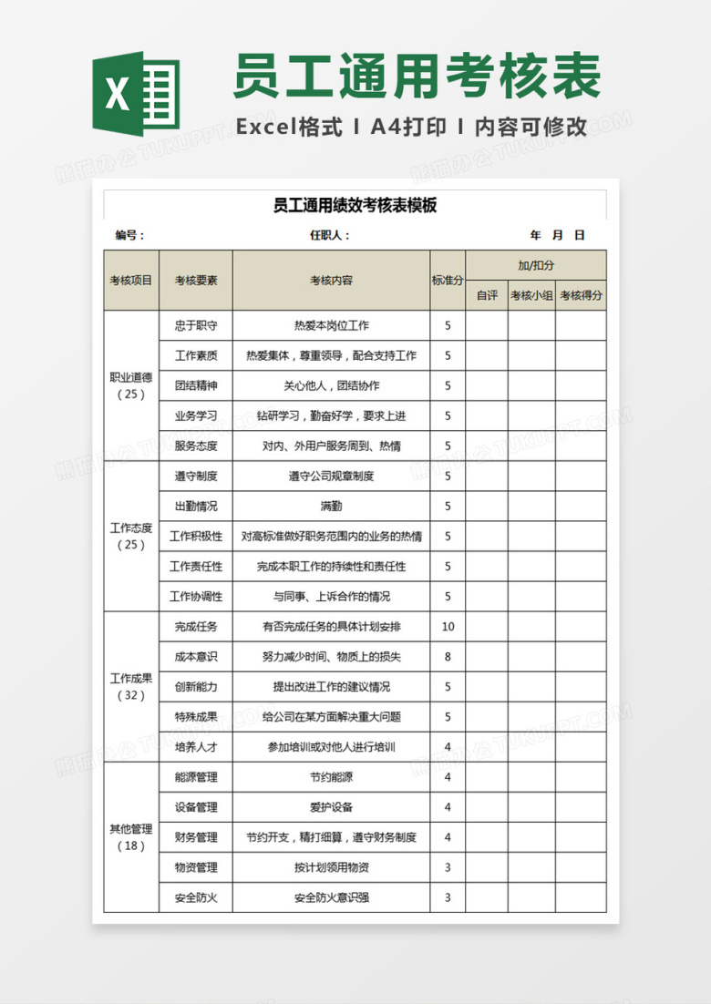 员工通用绩效考核表Excel表格