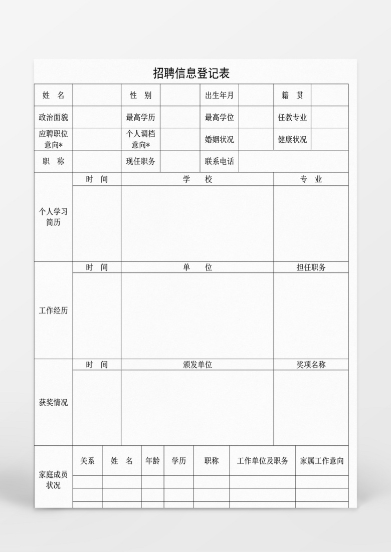 人事招聘人员登记表word表格
