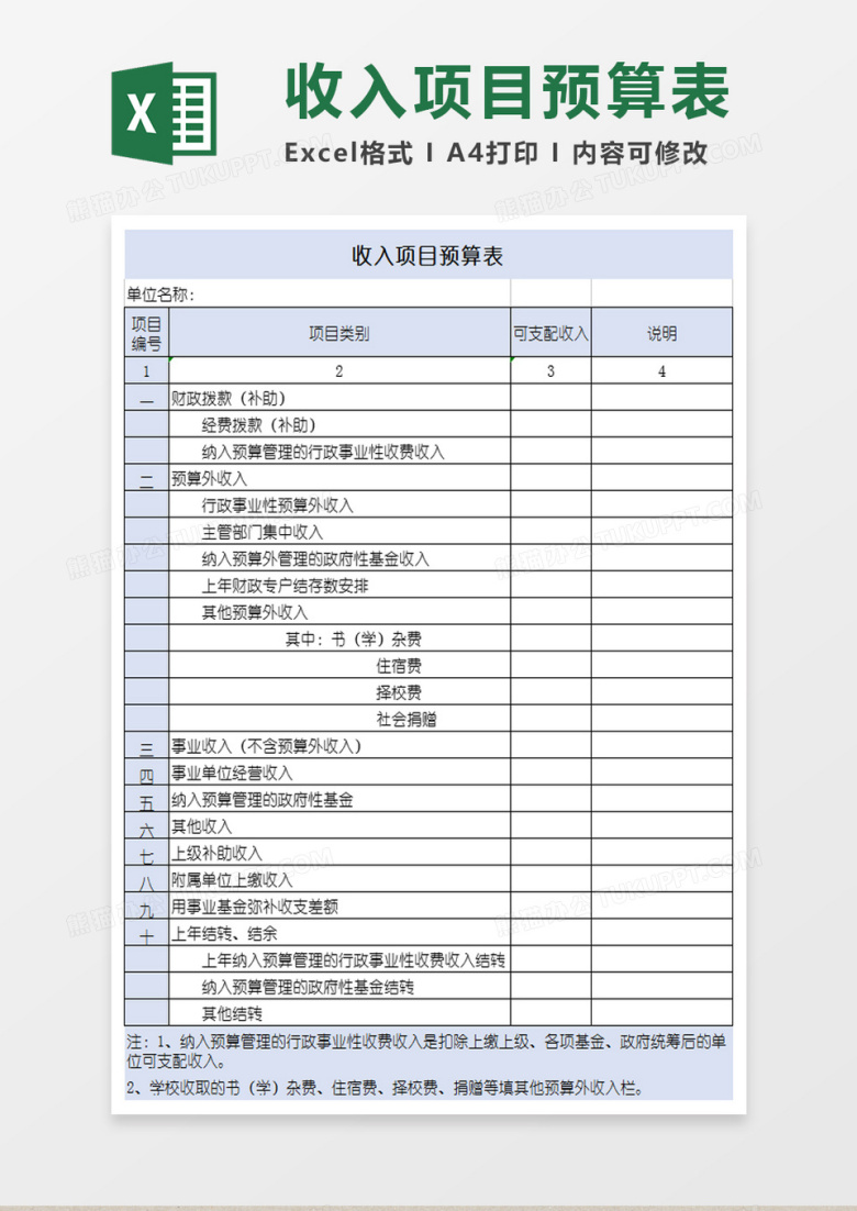收入项目预算表模板